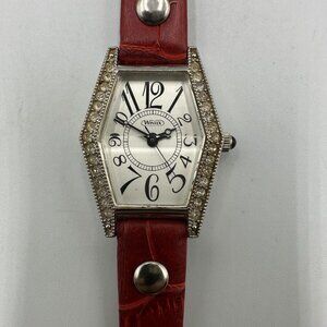 Wintex Watch Women Silver Tone Crystal Bezel Faceted Crystal Red Band Working